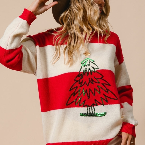 BiBi Sweaters - BiBi Red and Cream Striped Sweater with Christmas Tree